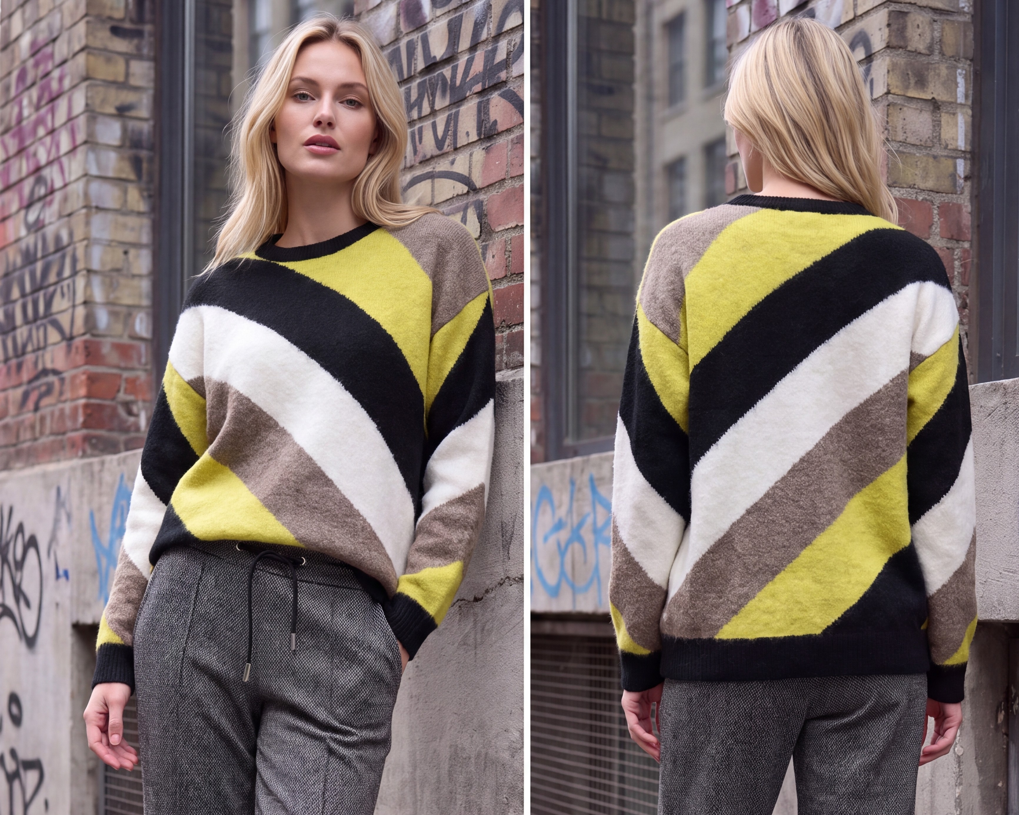 Dámsky pulóver s diagonálnymi pruhmi ROYAL EDGE LIME Limetkovo-čierny s.WEAR 8